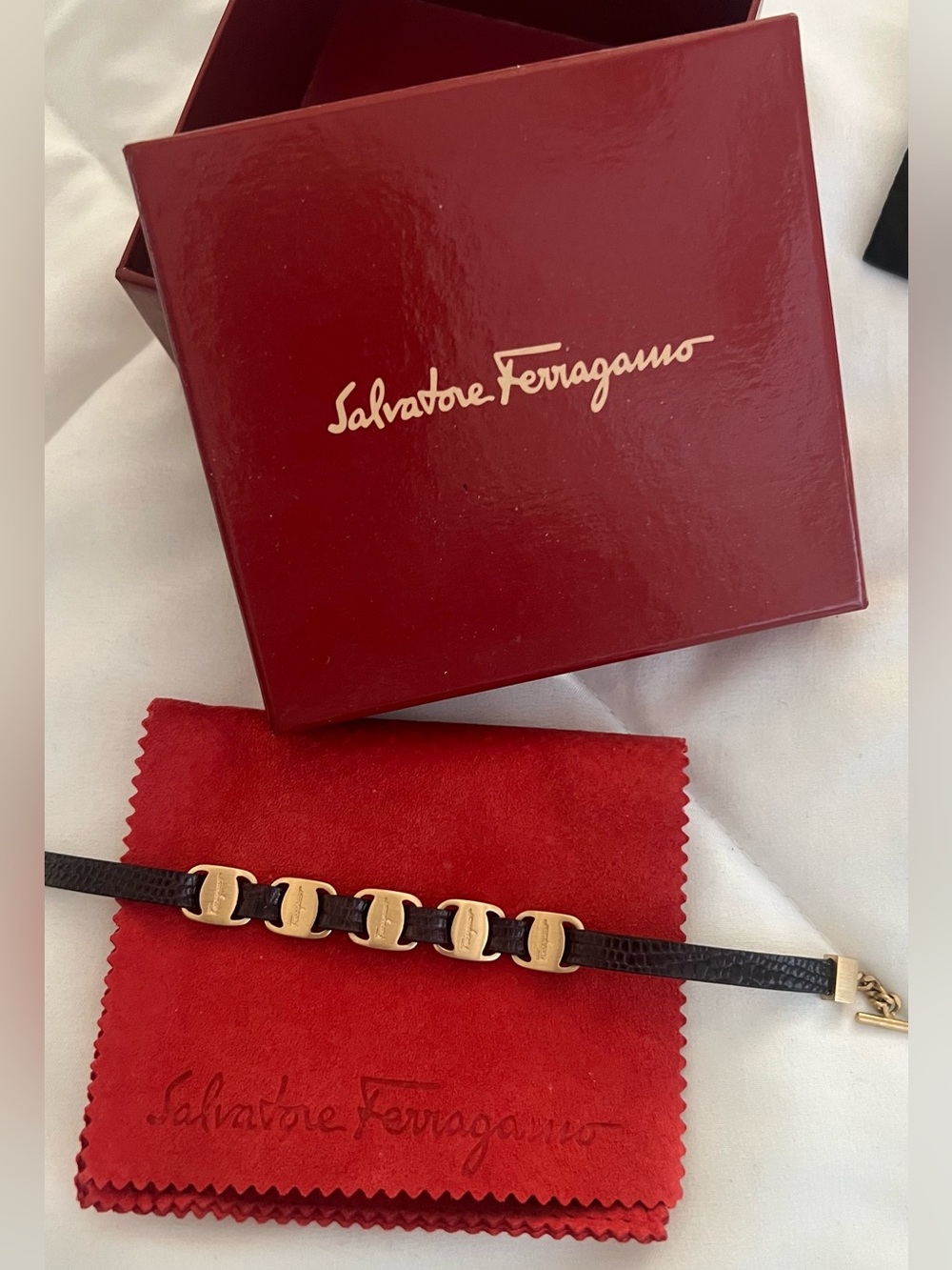 Salvatore Ferragamo Brown Leather Bracelet with Gold Gancini Accents
